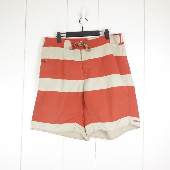 Patagonia Board Shorts Mens SZ 36 9" Inseam Swim Wear Striped Vacation Read - Picture 1 of 16